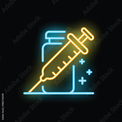 Glowing neon icon of a syringe injecting into a vial, representing medical treatment or vaccination