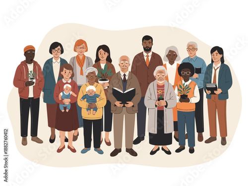 Diverse group of people standing together in a line holding books and objects