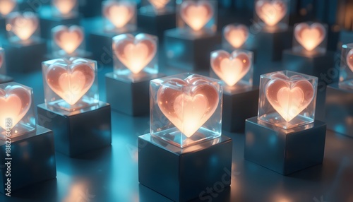 glowing hearts in glass cubes on pedestals with neon blue lighting background