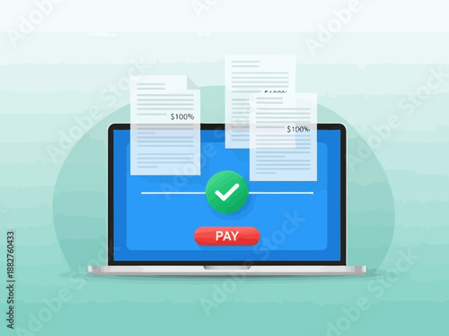 Online payment concept with laptop and documents on a green background