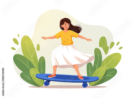 A cartoon woman with long brown hair riding a blue skateboard surrounded by green leaves