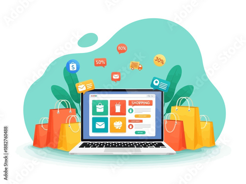 A laptop with shopping bags and colorful icons on the screen surrounded by green leaves on a teal background