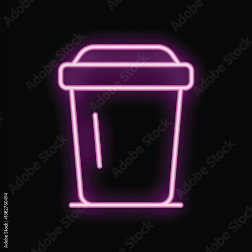 Neon sign in the shape of a disposable coffee cup is glowing on a black background