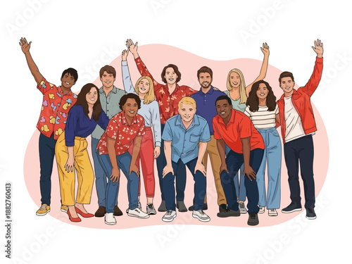 Diverse group of people with raised arms in celebration together