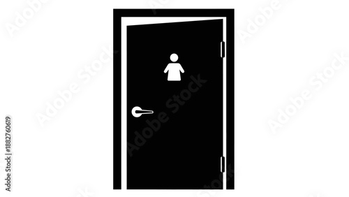 Black restroom door with female symbol and open top.
