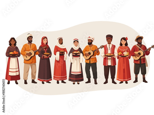 A group of people in traditional clothing standing together with musical instruments