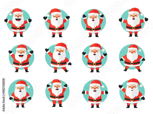 A group of cartoon santa clauses on a teal background