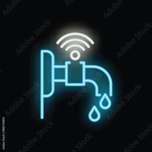 Glowing neon icon of a water tap sending a wireless signal, representing smart home technology and water conservation