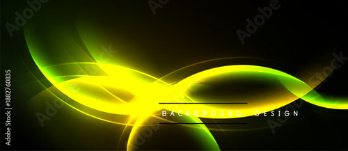 Bright yellow neon curves radiate from center. Dark background enhances glowing effect. Modern design element, abstract composition.