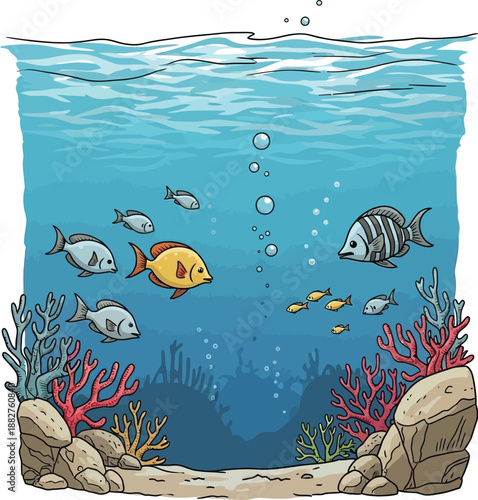 underwater scene, fish swimming in ocean with coral reef