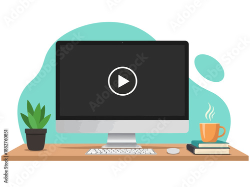 A computer monitor on a desk with a keyboard mouse and a cup of coffee next to a plant