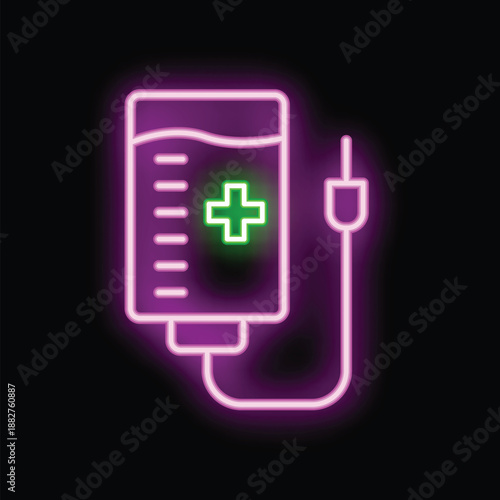 Neon medical icon of intravenous therapy with saline solution, glowing in purple and green on black background