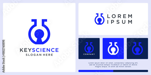 Key hole science logo design with glass lab.