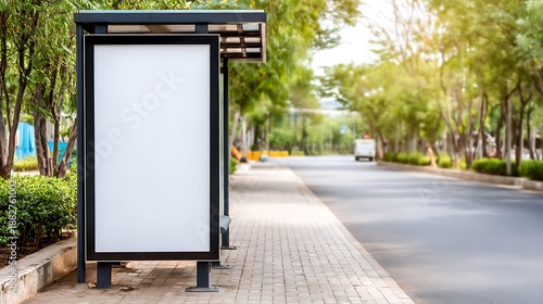 Green screen billboard near bus stop in city urban marketing mockup everyday lifestyle mood soft daylight neutral tone eye level shot, Realistic Photo