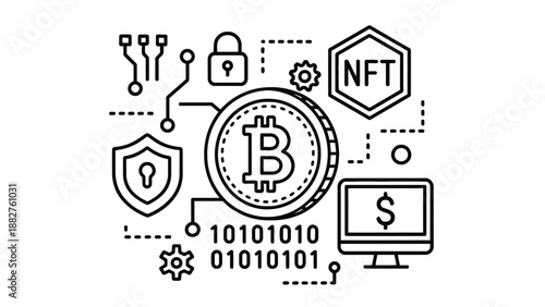 A digital illustration of cryptocurrency and NFT concepts with Bitcoin symbol