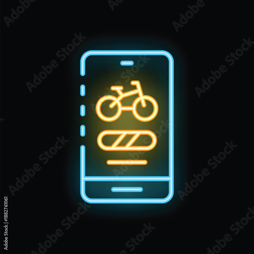 Neon sign representing a smartphone displaying a bicycle sharing app with a loading bar