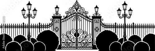 Vintage Wrought Iron Gate Fence Vector Architectural Illustration