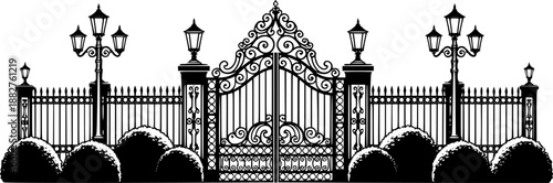 Vintage Wrought Iron Gate Fence Vector Architectural Illustration