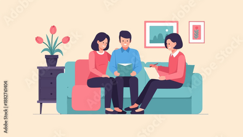Couple in session with a therapist in a cozy living room