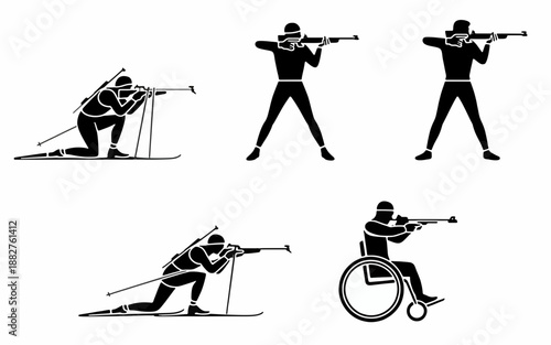 Precision Aim: A Collection of silhouettes displaying the biathlon shooting stages, from standing to kneeling positions, showcasing skill and focus in the demanding sport.