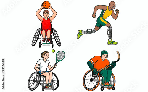 Paralympic Athletes in Action: Energetic depictions of athletes participating in basketball, running, tennis, and hockey, showcasing their strength, determination, and competitive spirit. 