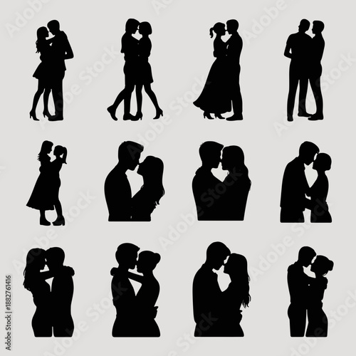 Romantic Silhouettes of Lovers: A collection of intimate silhouettes depicting couples in tender embraces and passionate kisses, perfect for conveying themes of love and connection.