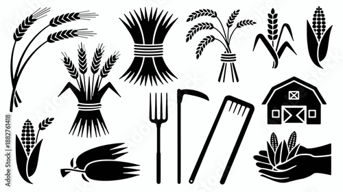 Agricultural Abundance: A collection of meticulously crafted silhouettes showcasing the essence of rural life, with crops, grains, farm tools, and a welcoming barn, celebrating the harvest season.