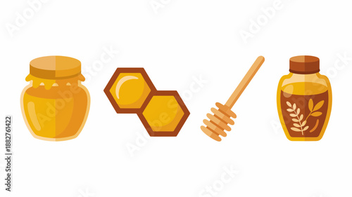 Golden Nectar: A visually appealing composition of golden honey jars, and honey dipper, showcasing the essence of natural sweetness.