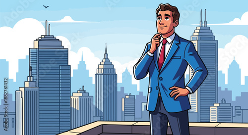 Thoughtful businessman planning future success on city rooftop skyline