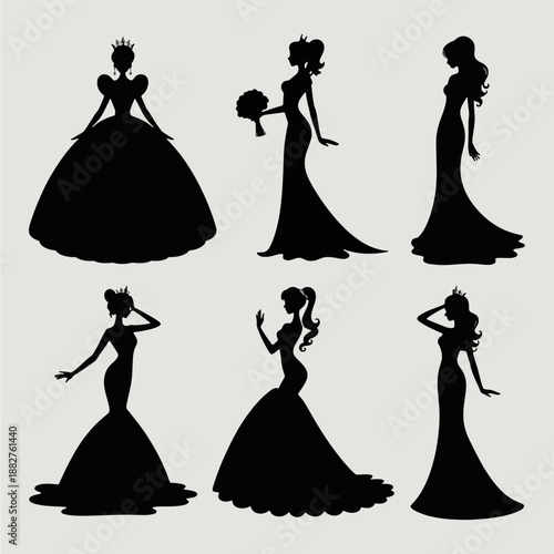 Elegant Silhouette: An array of graceful women silhouettes in a dress, their poised forms captured against a neutral backdrop. Each silhouette exudes sophistication and beauty.