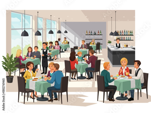 A group of people sitting at tables in a restaurant with a bar and large windows