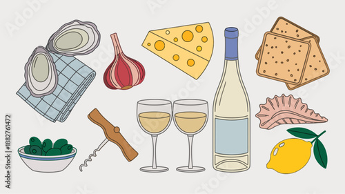 Gourmet Delight: An enticing arrangement of culinary delights, featuring a bottle of wine, elegant glassware, delectable cheeses, and fresh oysters, alongside other fine delicacies. 