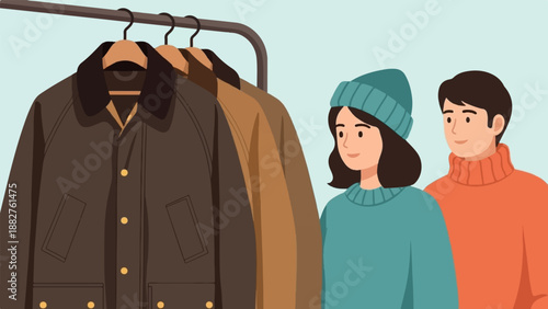 Couple in winter clothing looking at a rack of warm jackets