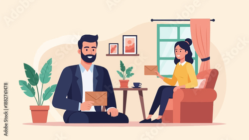 Couple indoors exchanging letters, sitting near plants and window