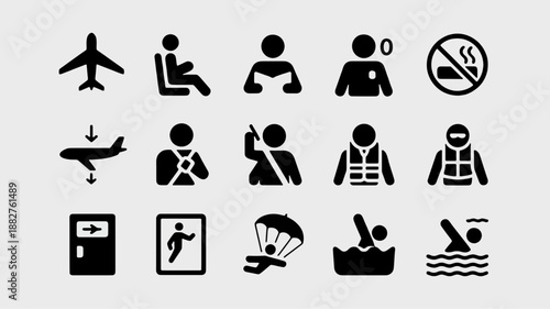 Safety and Travel Icons: An assortment of easily recognizable icons conveying essential safety information for air travel and emergencies, presented in a clean and uniform style.