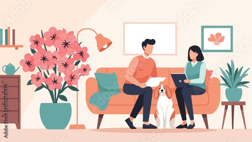 Couple and dog relaxing at home with flowers and plants