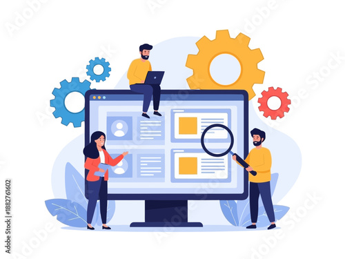 A group of people working together with a large computer screen and gears