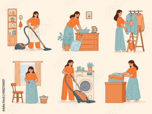 Woman doing household chores and cleaning with various objects