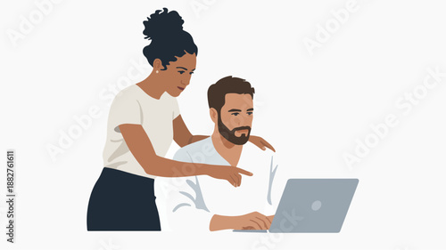 Collaborative Insight: A focused duo, the scene depicts a collaborative dynamic as one individual, leaning in, offers guidance on a laptop, fostering teamwork and professional understanding.