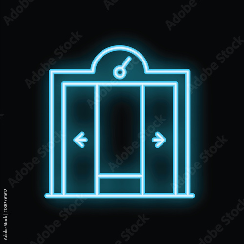 Neon sign of an elevator with up and down arrows, glowing in blue on a black background