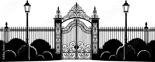 Vintage Wrought Iron Gate Fence Vector Architectural Illustration