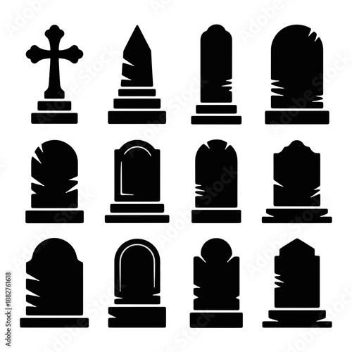 Mournful Memorials: Silhouette tombstones set, with a solemn cross symbol, evoking the memory of loved ones in a cemetery. 