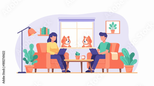 Couple and dogs relax at home using laptops with houseplants