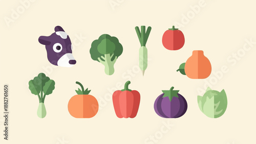 Colorful flat illustrations of various vegetables and a cow head