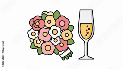 Colorful flower bouquet beside a glass of bubbly champagne