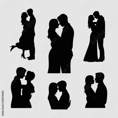 Romantic silhouettes of couples: The image showcases multiple artistic silhouettes of romantic couples, each capturing a tender embrace or intimate moment, conveying a feeling of love, connection.