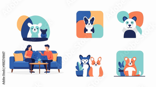 Colorful flat illustrations of dogs, a panda, and people interacting