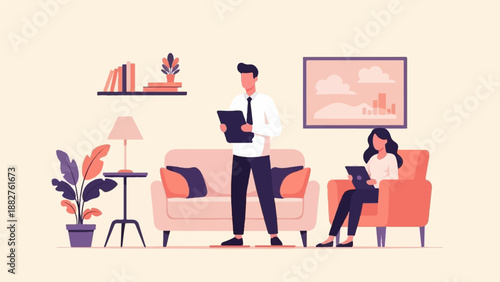 Colleagues collaborate in a modern office with stylized decor and artwork