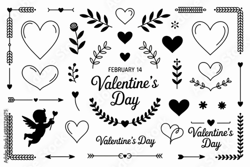 Valentine's Day Elements Collection: A charming compilation of Valentine's Day elements, each intricately designed with hearts, cupid, and foliage.