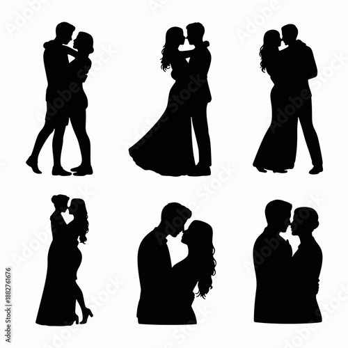 Silhouette Serenade: Six graceful silhouettes of a couple in intimate embrace, each a testament to love and connection. Their forms, a symphony of shadows, echo the unspoken language of the heart.